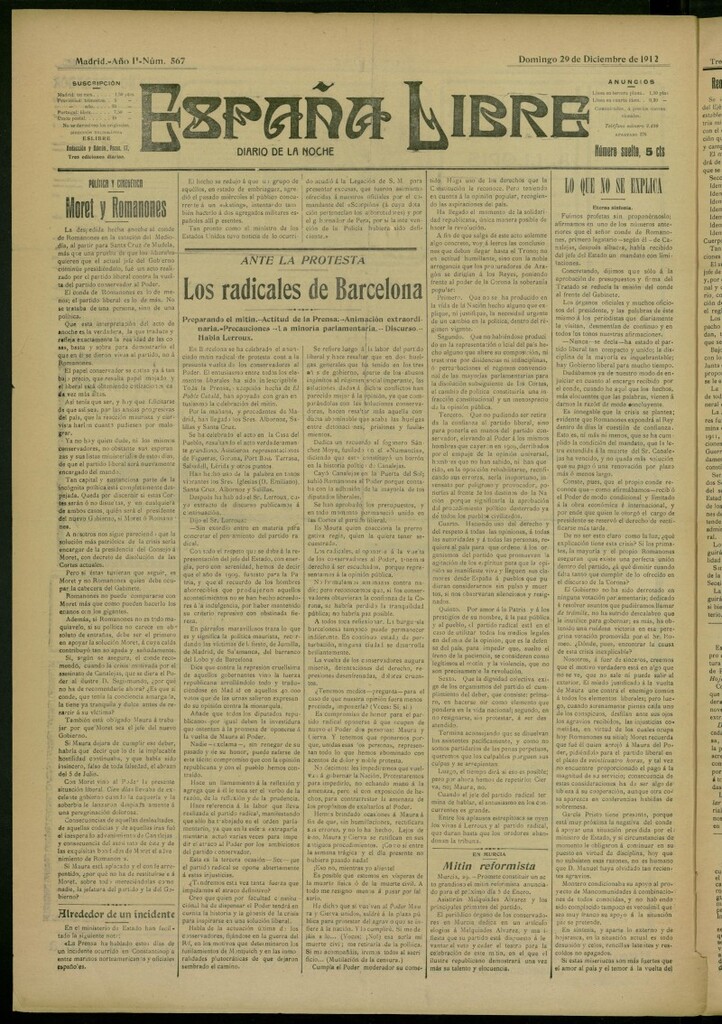 Miniatura de España Libre : Diario de la noche del 29 de diciembre de 1912, nº 567