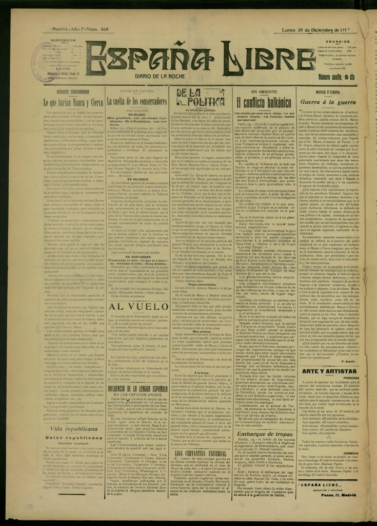 Miniatura de España Libre : Diario de la noche del 30 de diciembre de 1912, nº 568