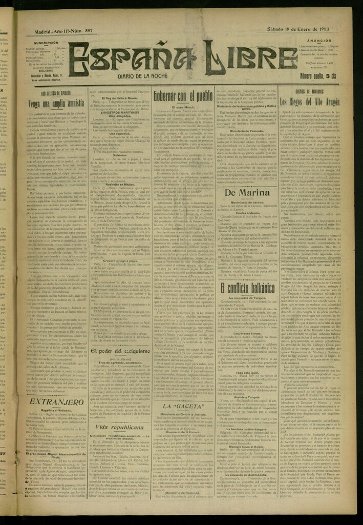 Miniatura de España Libre : Diario de la noche del 18 de enero de 1913, nº 587