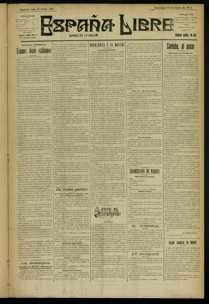 Miniatura de España Libre : Diario de la noche del 19 de enero de 1913, nº 588