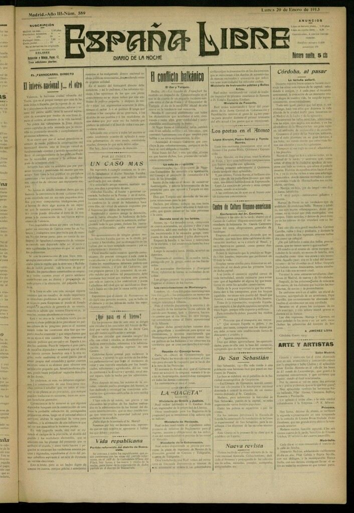 Miniatura de España Libre : Diario de la noche del 20 de enero de 1913, nº 589