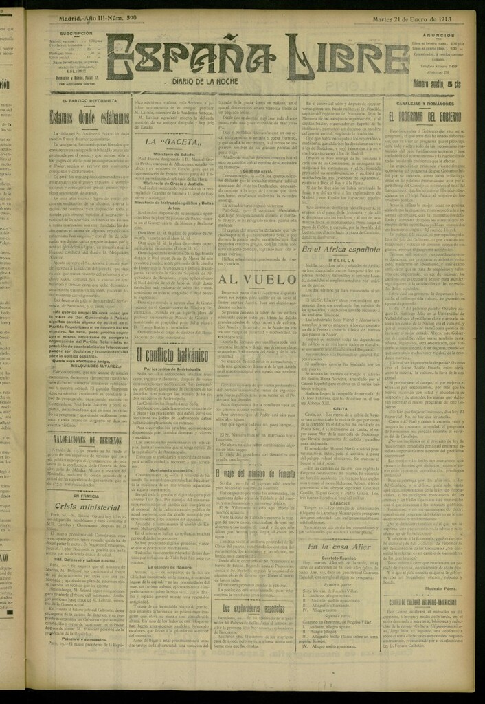 Miniatura de España Libre : Diario de la noche del 21 de enero de 1913, nº 590