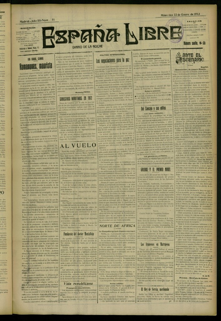 Miniatura de España Libre : Diario de la noche del 22 de enero de 1913, nº 51 [sic]