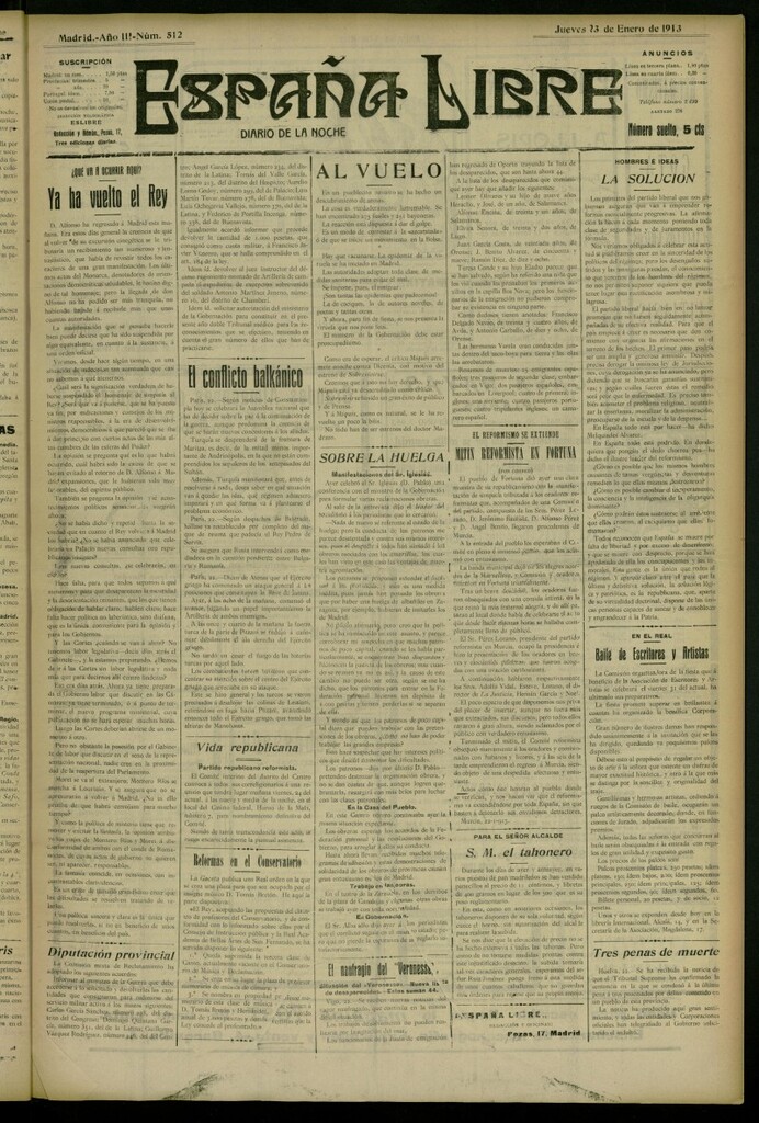 Miniatura de España Libre : Diario de la noche del 23 de enero de 1913, nº 512