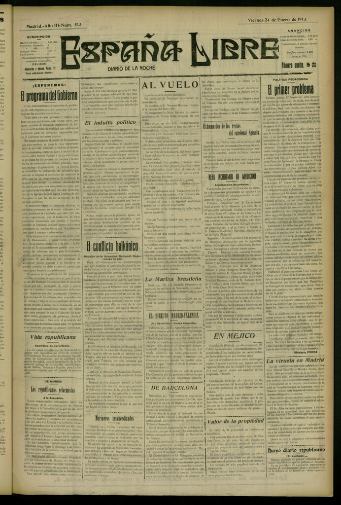 Miniatura de España Libre : Diario de la noche del 24 de enero de 1913, nº 513