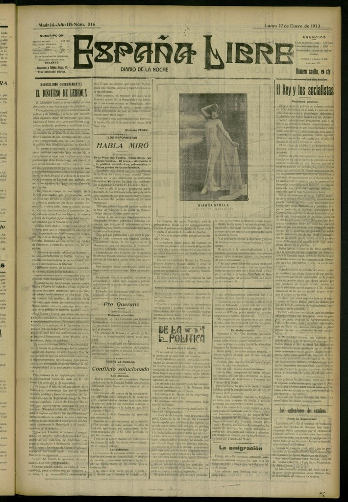 Miniatura de España Libre : Diario de la noche del 27 de enero de 1913, nº 516