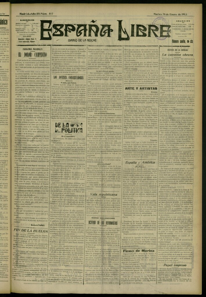 Miniatura de España Libre : Diario de la noche del 28 de enero de 1913, nº 517
