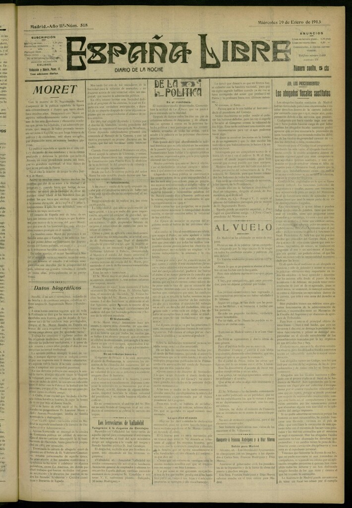 Miniatura de España Libre : Diario de la noche del 29 de enero de 1913, nº 518