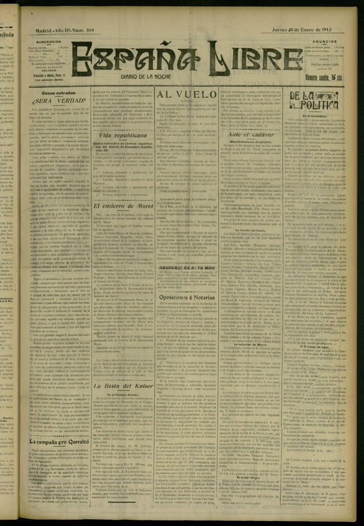 Miniatura de España Libre : Diario de la noche del 30 de enero de 1913, nº 519