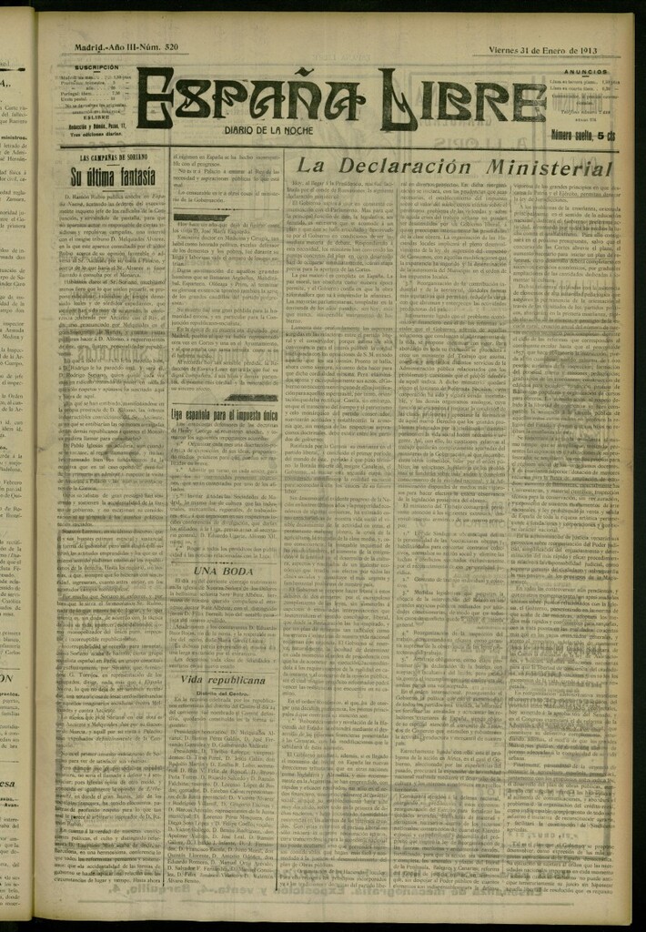 Miniatura de España Libre : Diario de la noche del 31 de enero de 1913, nº 520