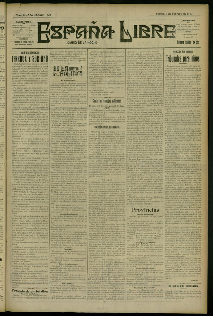 Miniatura de España Libre : Diario de la noche del 1 de febrero de 1913, nº 521