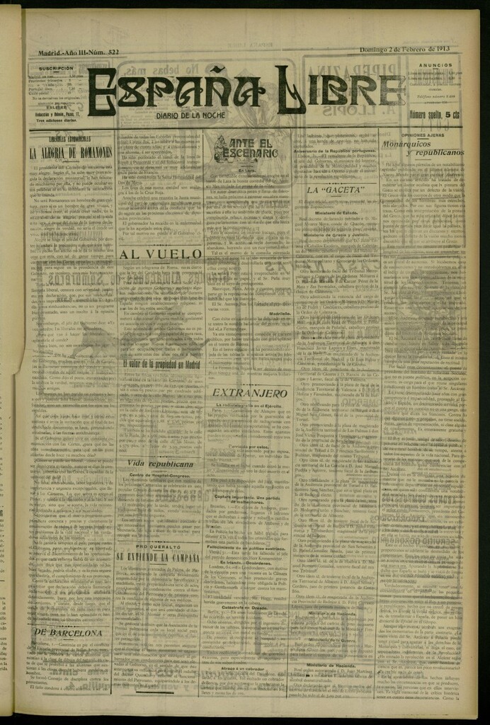 Miniatura de España Libre : Diario de la noche del 2 de febrero de 1913, nº 522