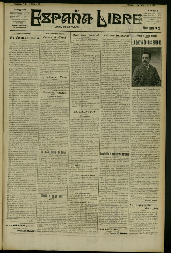 Miniatura de España Libre : Diario de la noche del 4 de febrero de 1913, nº 524