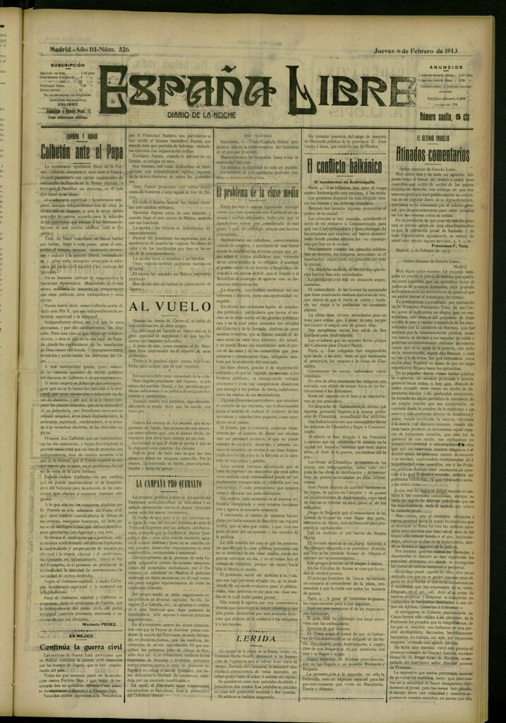 Miniatura de España Libre : Diario de la noche del 6 de febrero de 1913, nº 526