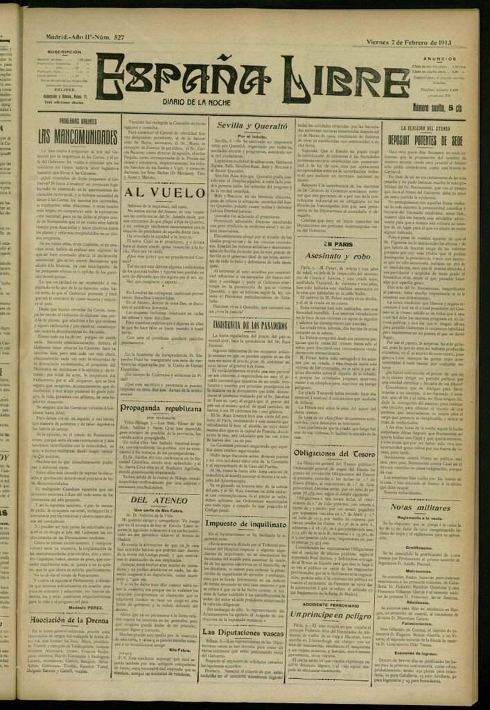 Miniatura de España Libre : Diario de la noche del 7 de febrero de 1913, nº 527