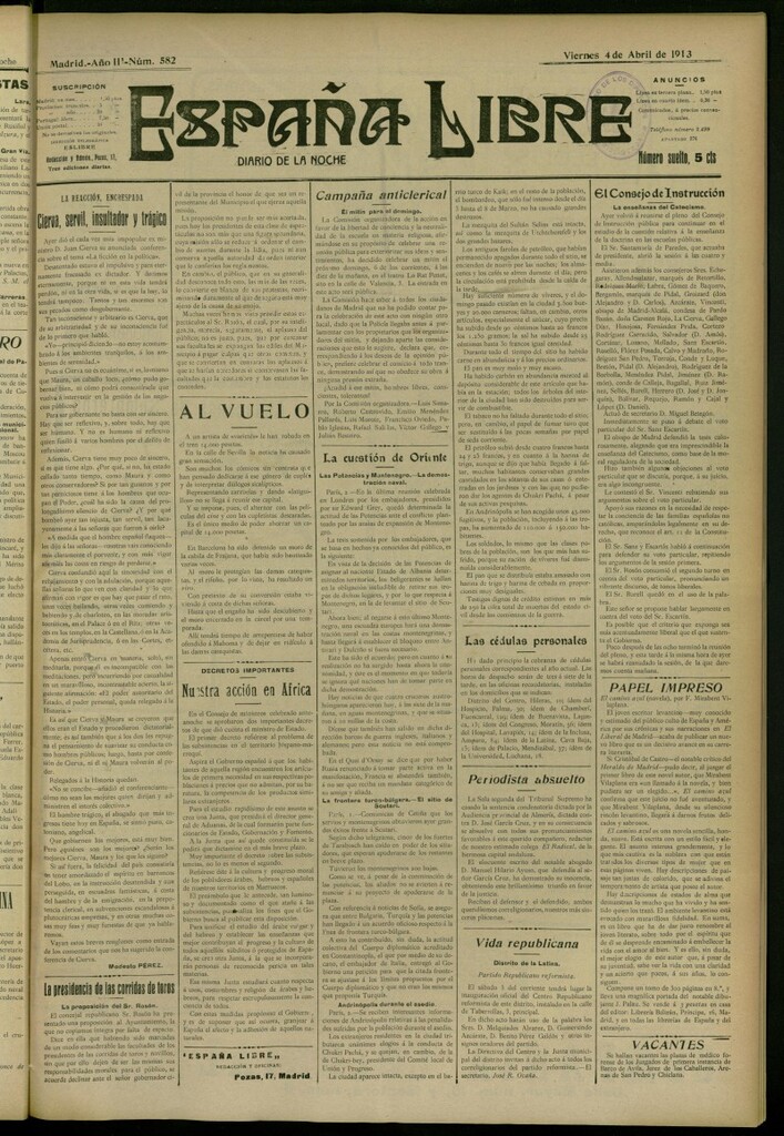 Miniatura de España Libre : Diario de la noche del 4 de abril de 1913, nº 582