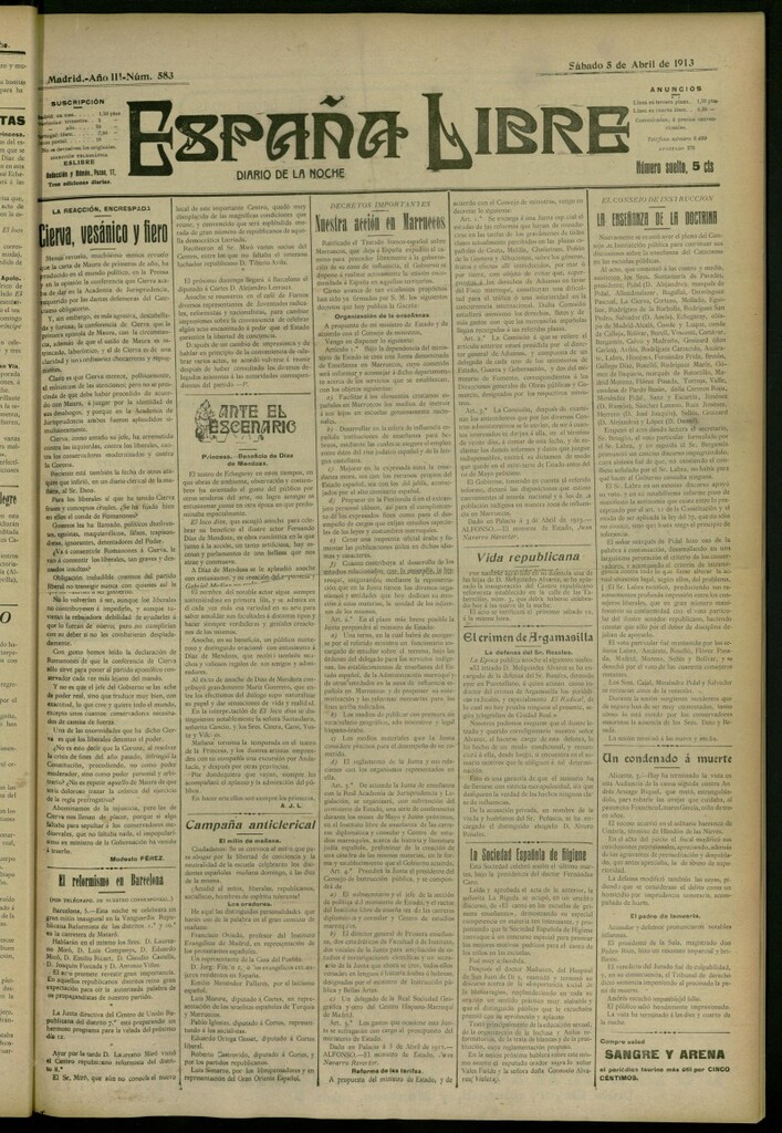 Miniatura de España Libre : Diario de la noche del 5 de abril de 1913, nº 583