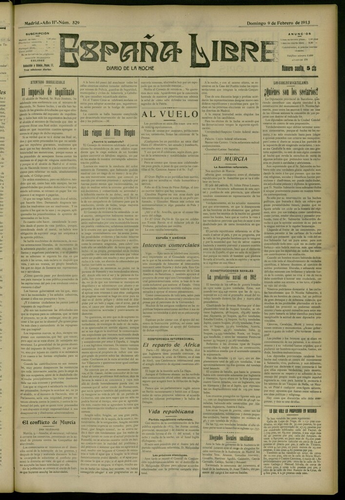 Miniatura de España Libre : Diario de la noche del 9 de febrero de 1913, nº 529
