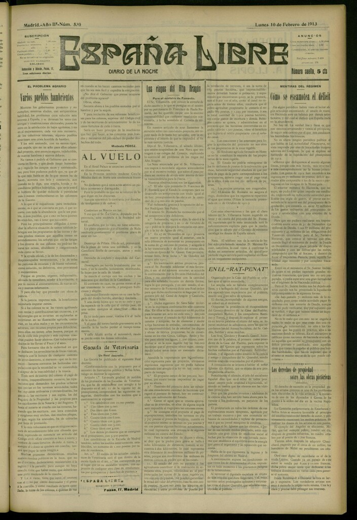 Miniatura de España Libre : Diario de la noche del 10 de febrero de 1913, nº 530