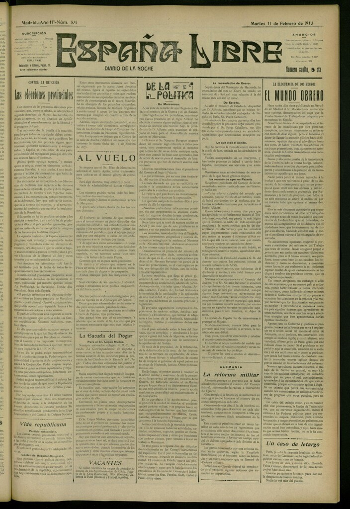 Miniatura de España Libre : Diario de la noche del 11 de febrero de 1913, nº 531