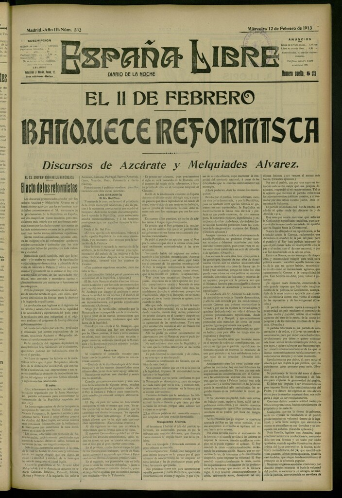 Miniatura de España Libre : Diario de la noche del 12 de febrero de 1913, nº 532