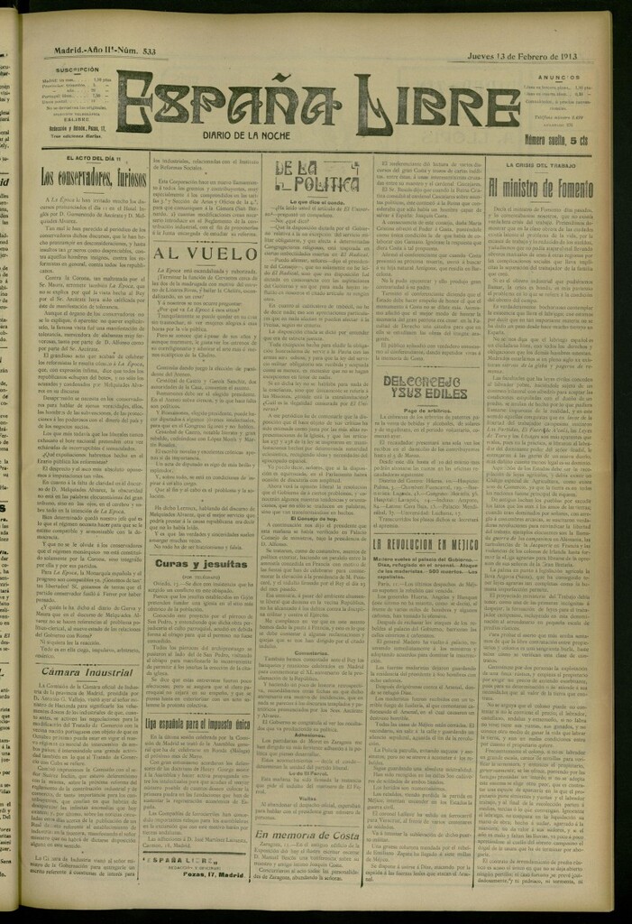 Miniatura de España Libre : Diario de la noche del 13 de febrero de 1913, nº 533