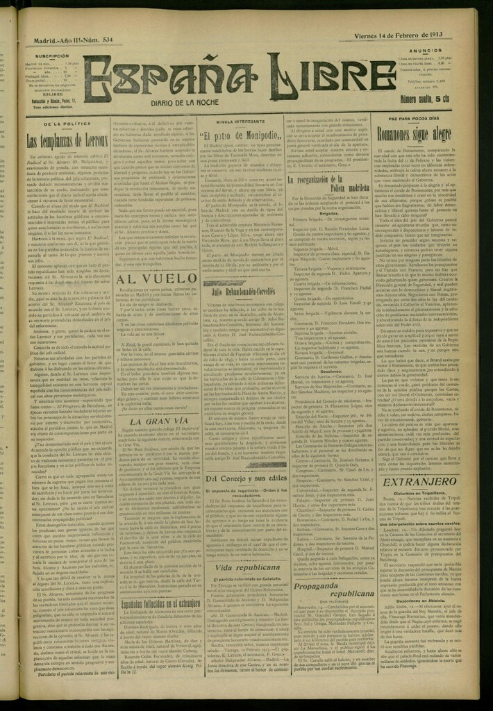 Miniatura de España Libre : Diario de la noche del 14 de febrero de 1913, nº 534
