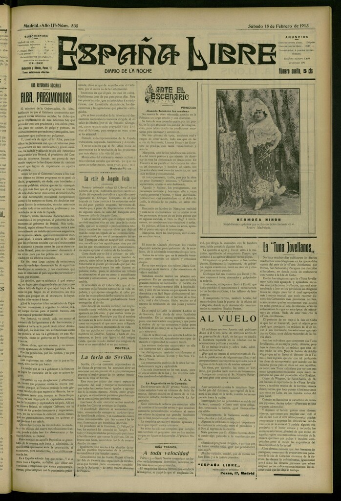 Miniatura de España Libre : Diario de la noche del 15 de febrero de 1913, nº 535