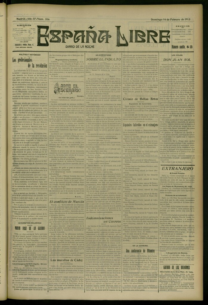 Miniatura de España Libre : Diario de la noche del 16 de febrero de 1913, nº 536