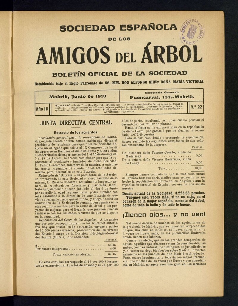 Miniatura de Boletín Comisión organizadora de la Sociedad Española de los amigos del árbol de junio de 1913