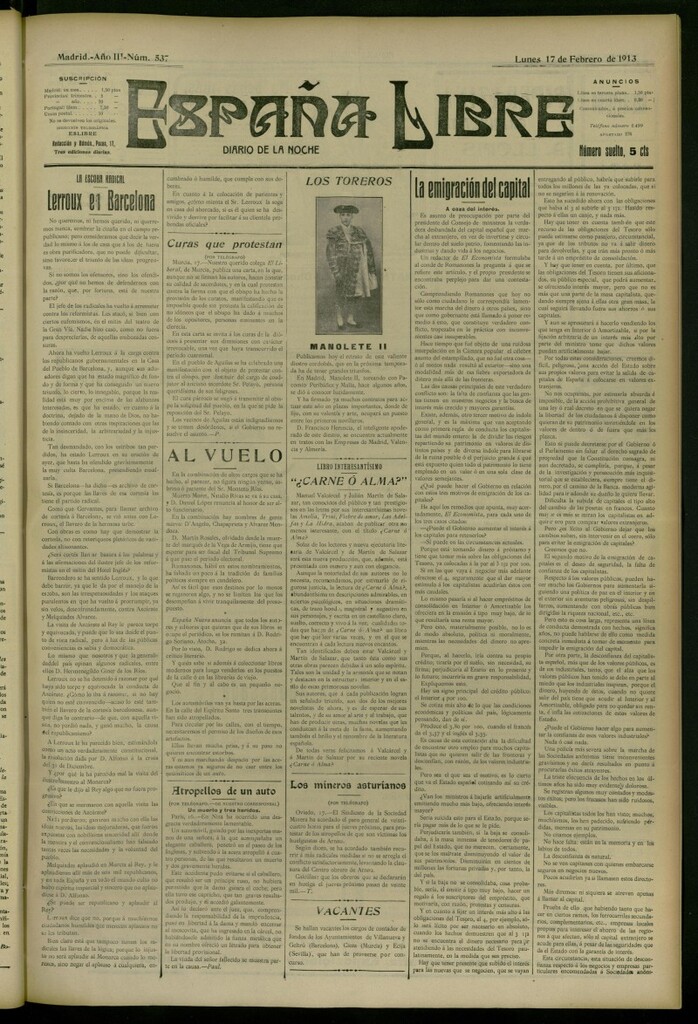 Miniatura de España Libre : Diario de la noche del 17 de febrero de 1913, nº 537