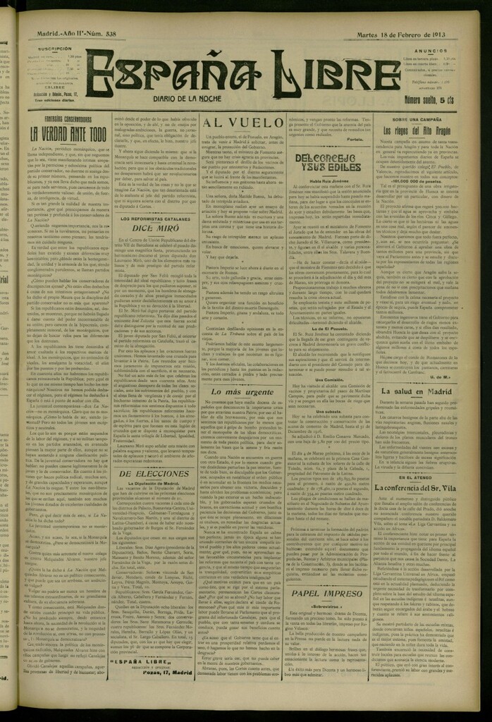 Miniatura de España Libre : Diario de la noche del 18 de febrero de 1913, nº 538