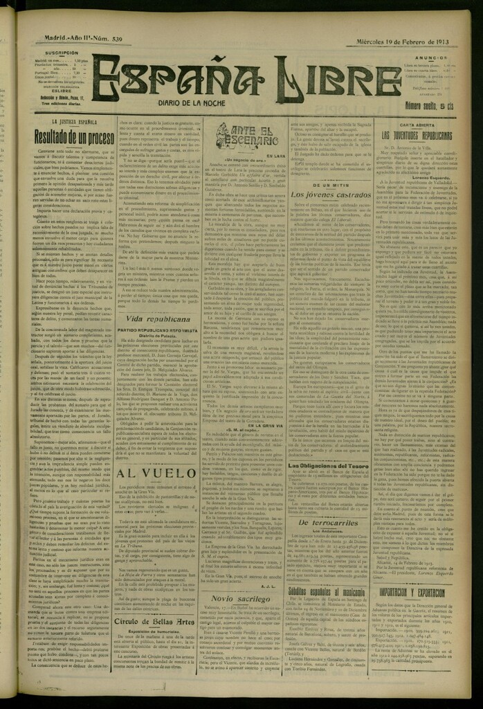Miniatura de España Libre : Diario de la noche del 19 de febrero de 1913, nº 539