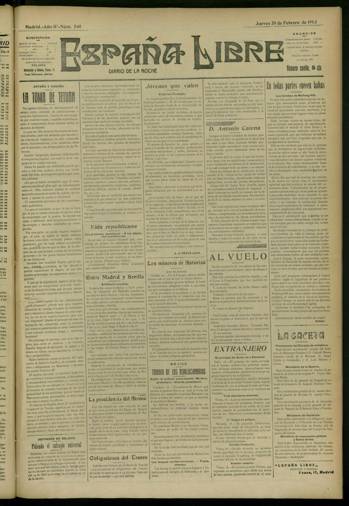 Miniatura de España Libre : Diario de la noche del 20 de febrero de 1913, nº 540