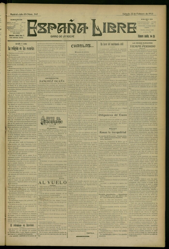 Miniatura de España Libre : Diario de la noche del 22 de febrero de 1913, nº 542
