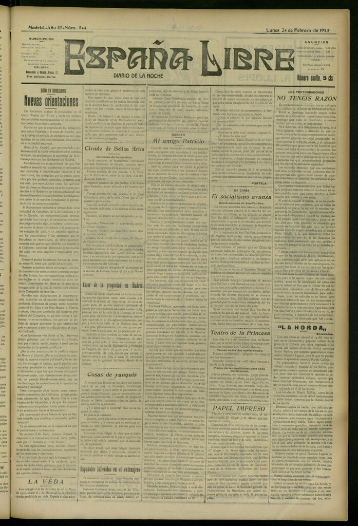 Miniatura de España Libre : Diario de la noche del 24 de febrero de 1913, nº 544