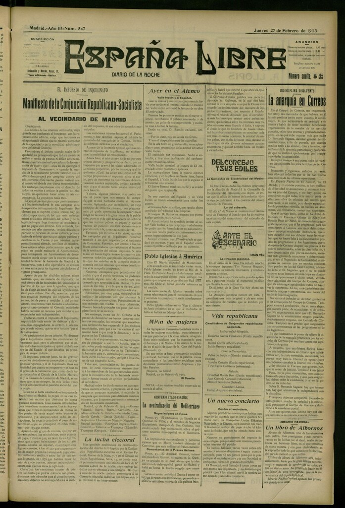 Miniatura de España Libre : Diario de la noche del 27 de febrero de 1913, nº 547