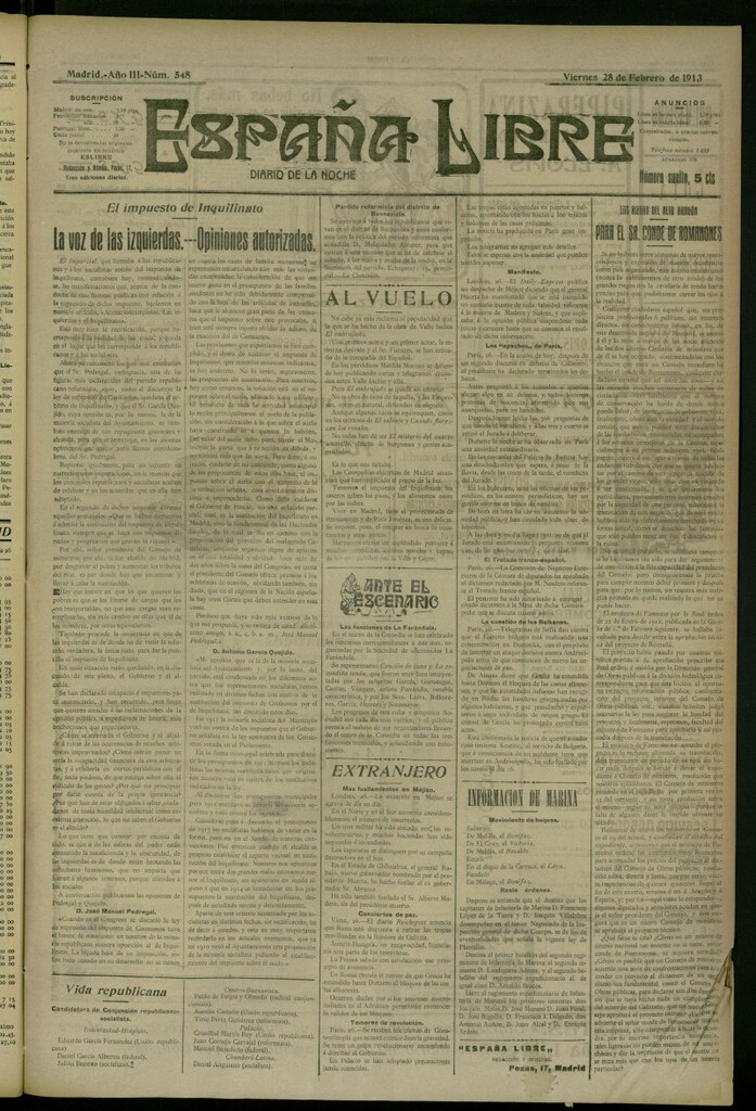 Miniatura de España Libre : Diario de la noche del 28 de febrero de 1913, nº 548