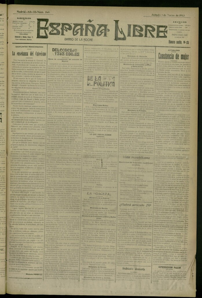 Miniatura de España Libre : Diario de la noche del 1 de marzo de 1913, nº 549