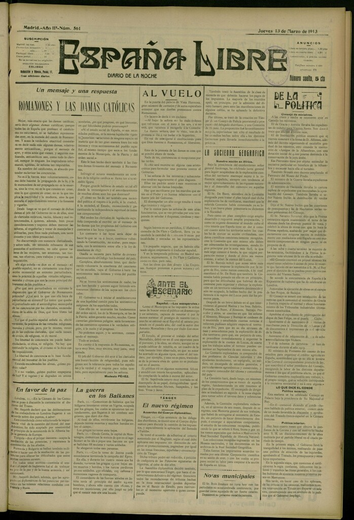 Miniatura de España Libre : Diario de la noche del 13 de marzo de 1913, nº 561