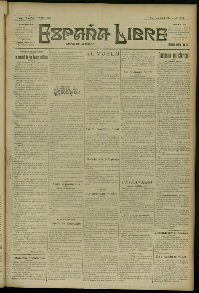 Miniatura de España Libre : Diario de la noche del 14 de marzo de 1913, nº 562