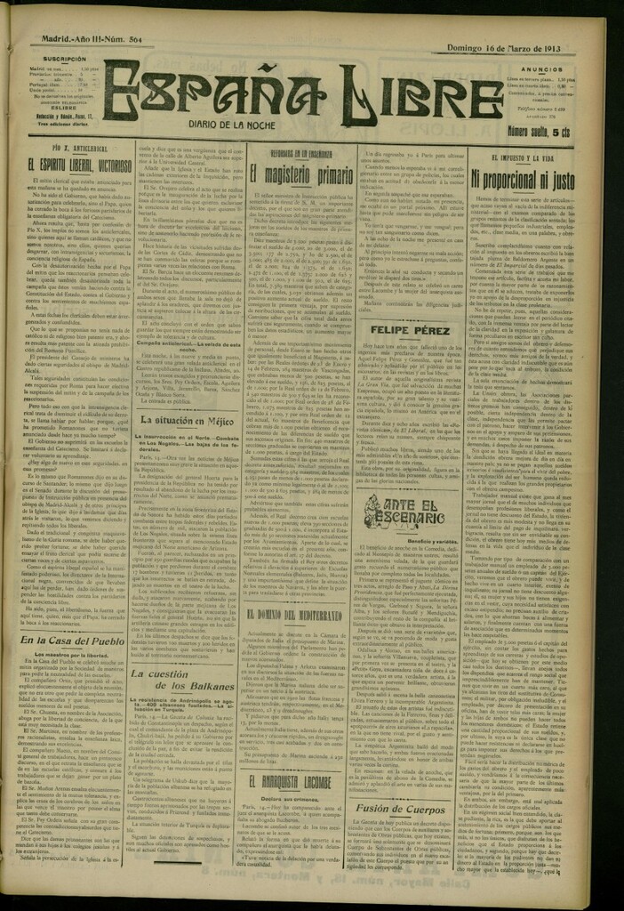 Miniatura de España Libre : Diario de la noche del 16 de marzo de 1913, nº 564