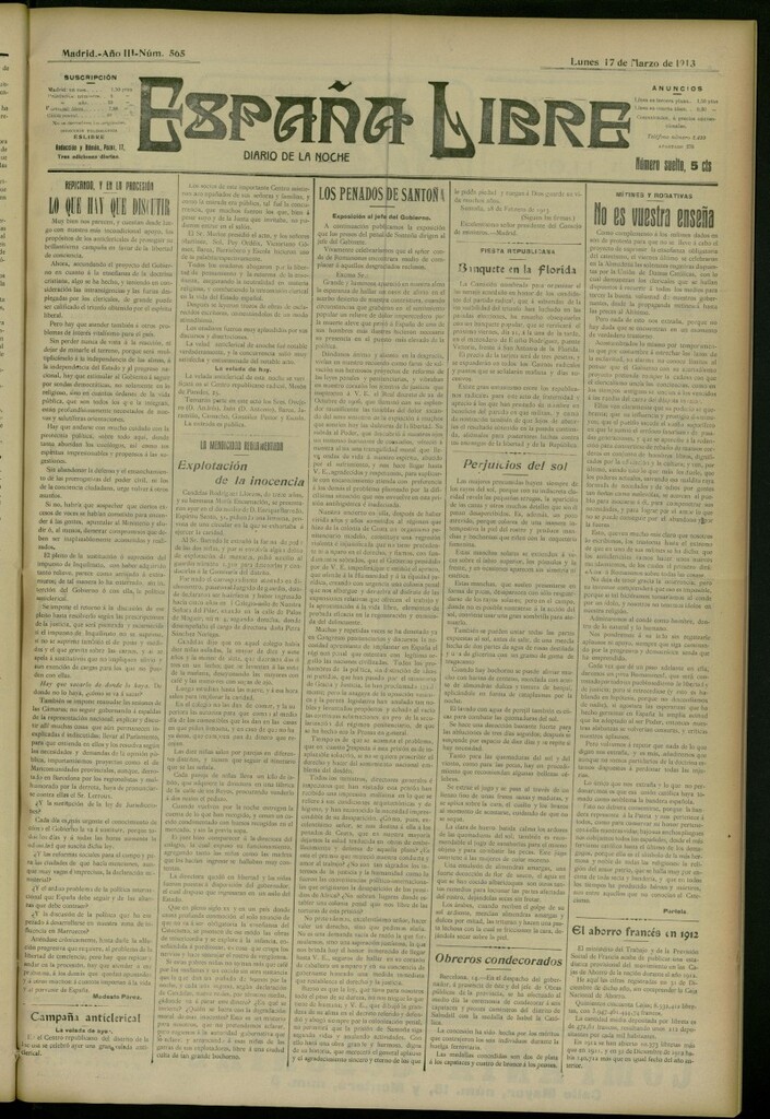 Miniatura de España Libre : Diario de la noche del 17 de marzo de 1913, nº 565
