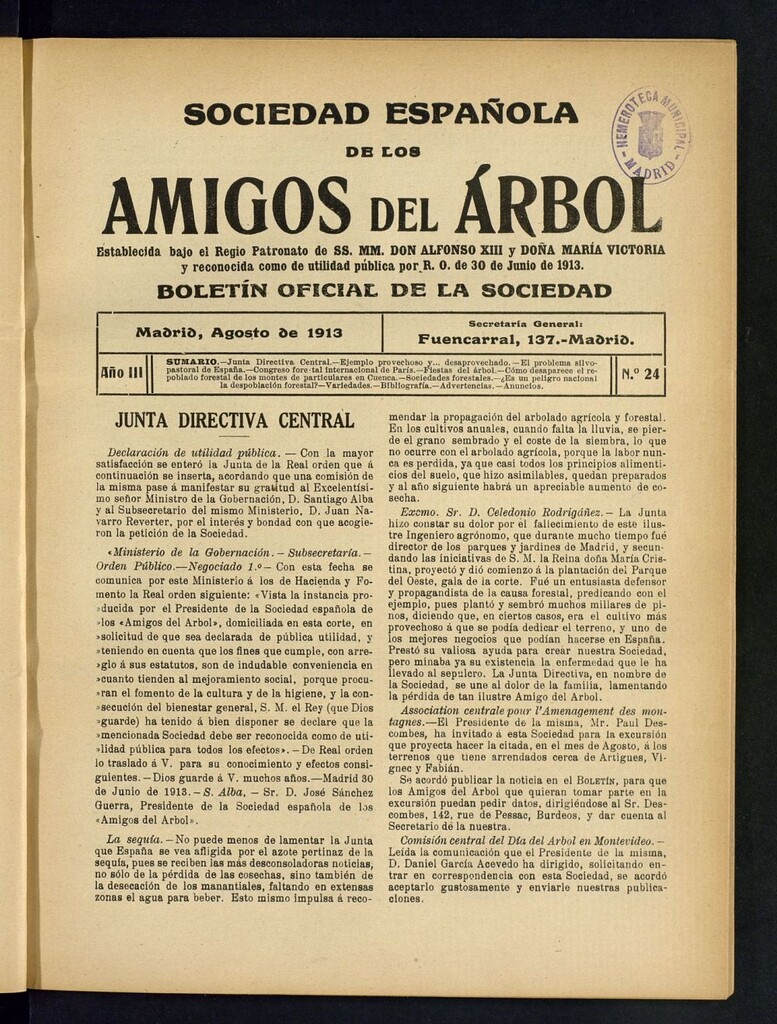 Miniatura de Boletín Comisión organizadora de la Sociedad Española de los amigos del árbol de agosto de 1913
