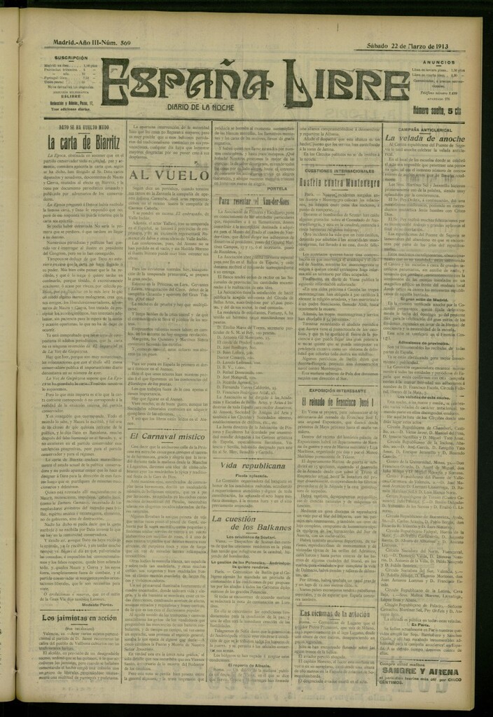 Miniatura de España Libre : Diario de la noche del 22 de marzo de 1913, nº 569