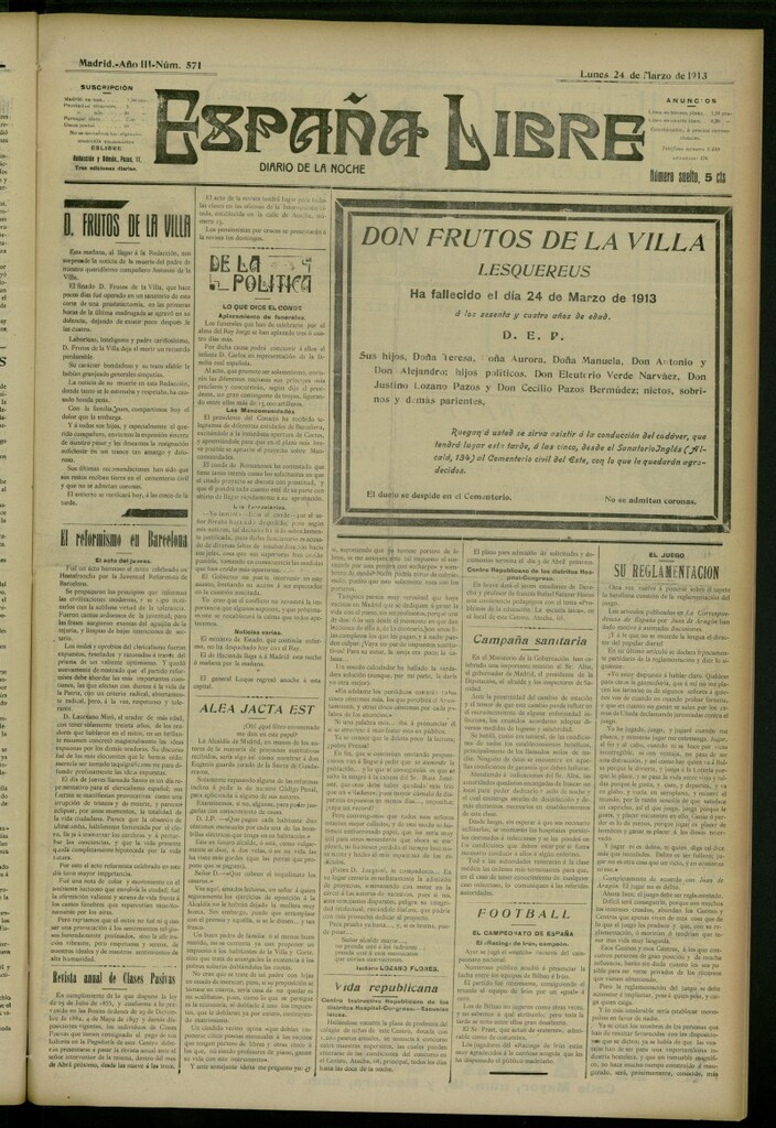 Miniatura de España Libre : Diario de la noche del 24 de marzo de 1913, nº 571