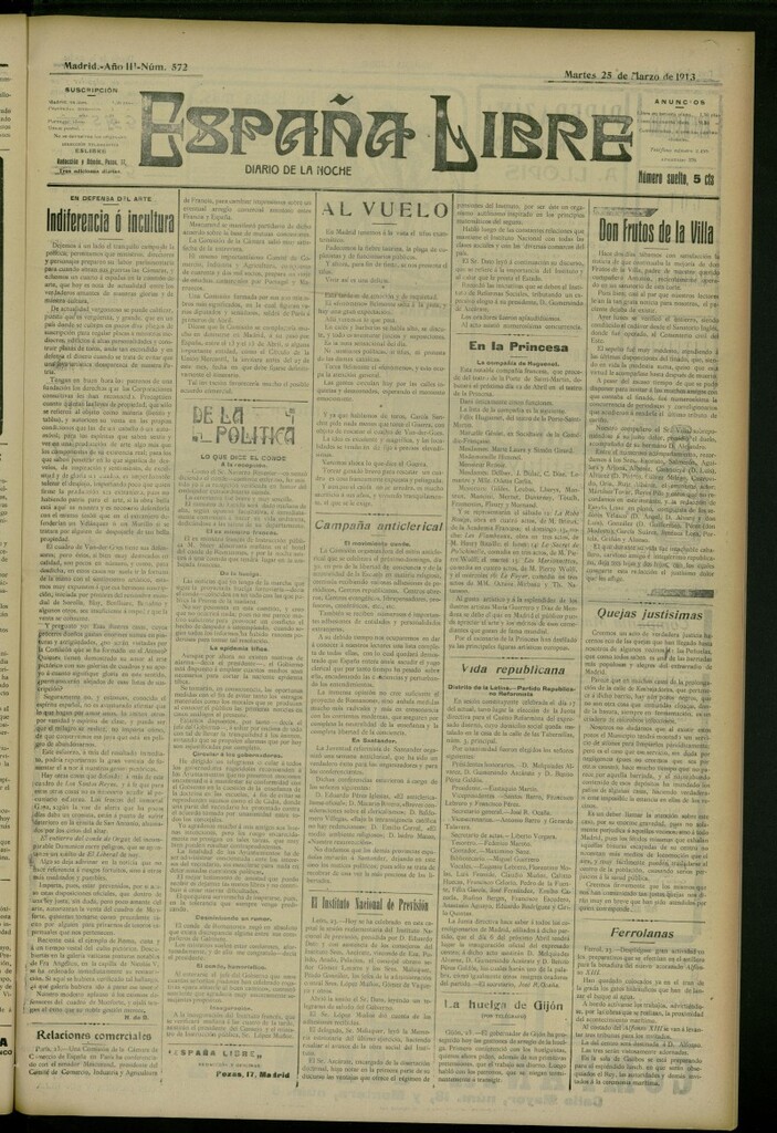 Miniatura de España Libre : Diario de la noche del 25 de marzo de 1913, nº 572
