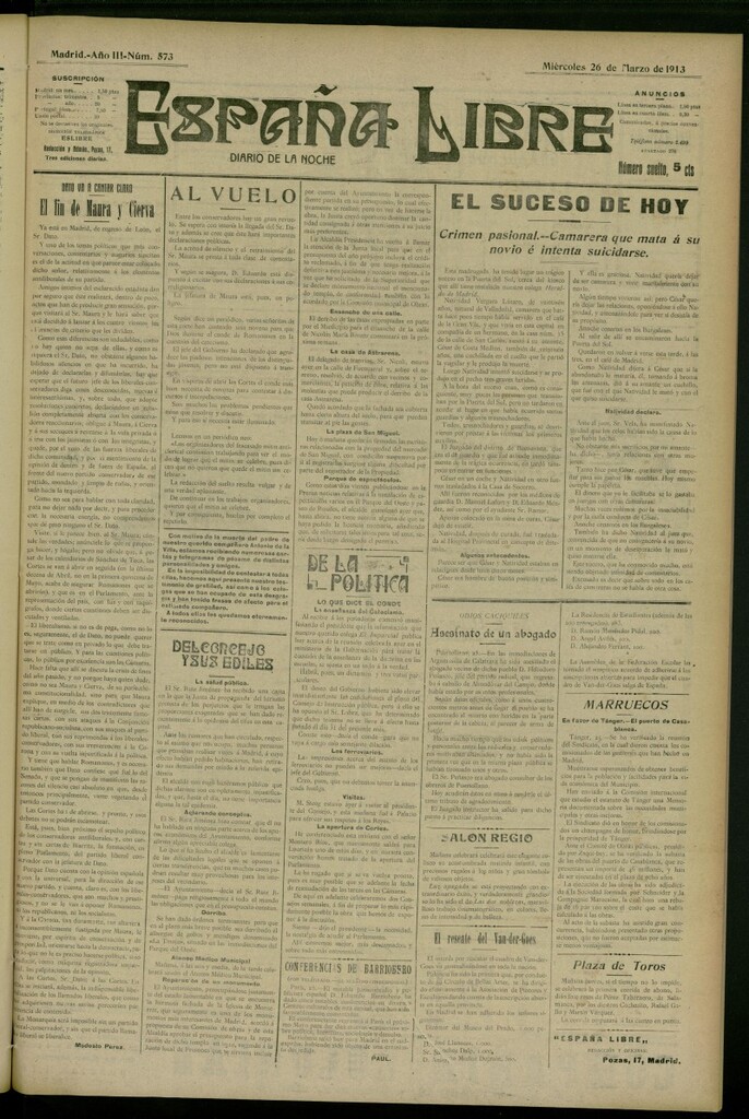 Miniatura de España Libre : Diario de la noche del 26 de marzo de 1913, nº 573