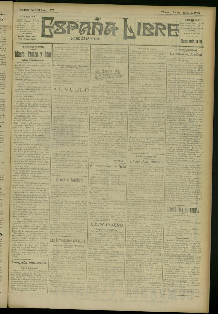 Miniatura de España Libre : Diario de la noche del 28 de marzo de 1913, nº 575