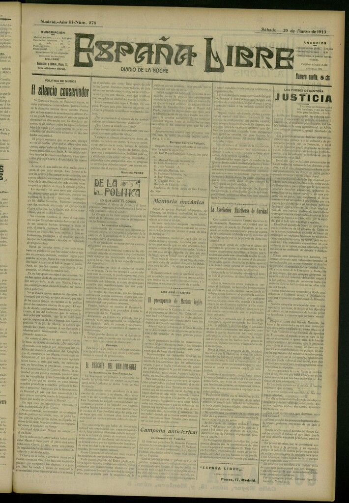 Miniatura de España Libre : Diario de la noche del 29 de marzo de 1913, nº 576